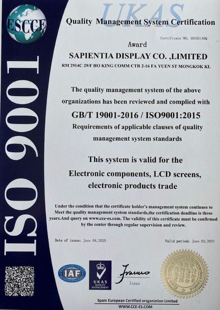 Chiny Sapientia Display Co.,LIMITED Certyfikaty